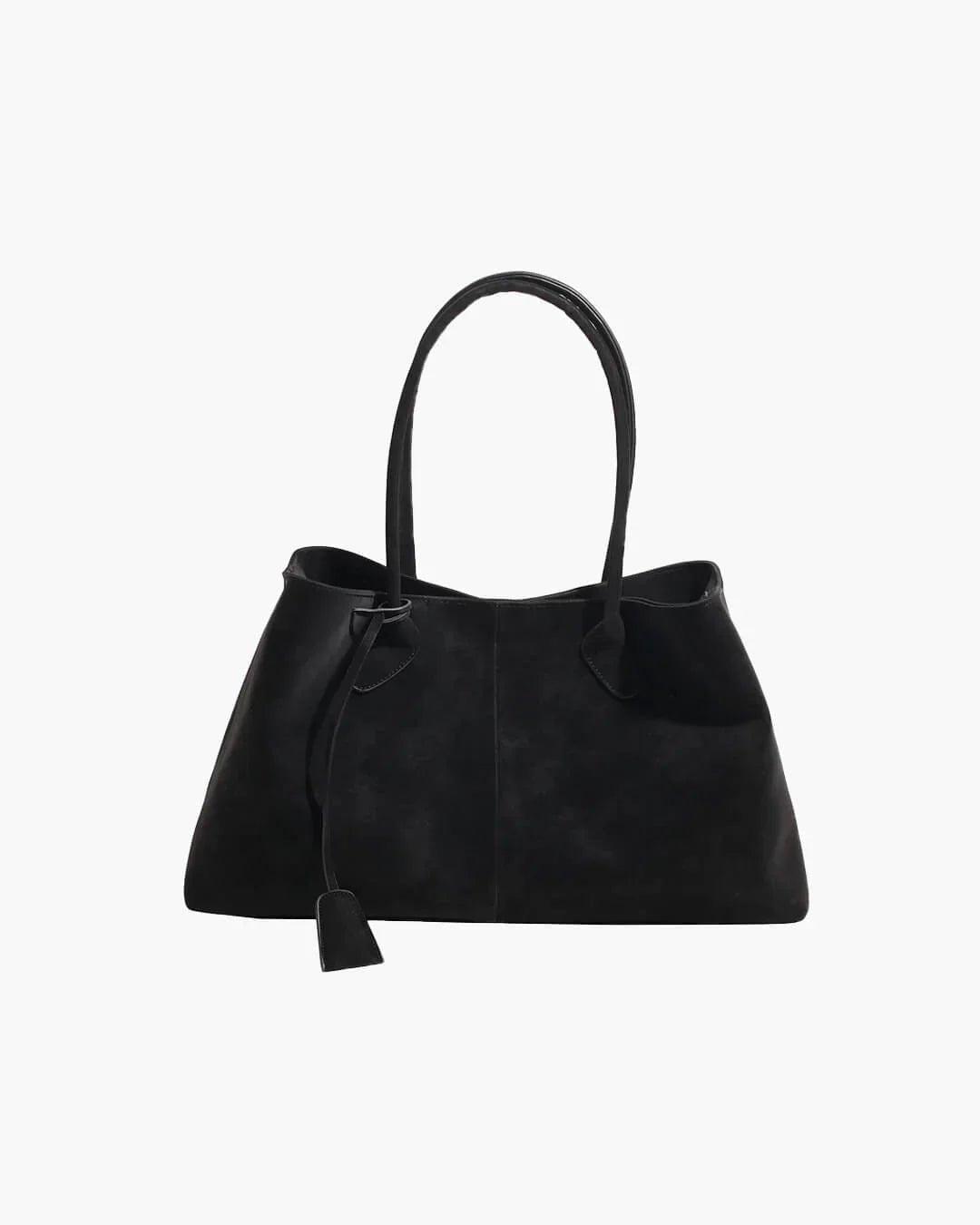 Large dark brown vegan suede handbag for women with double handles and retro design on white background.
